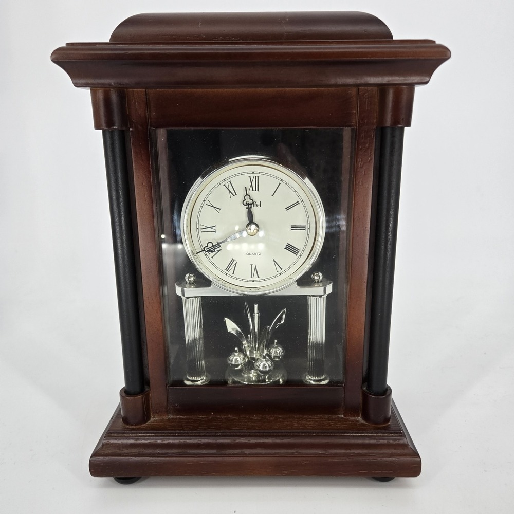 Stiffel Quartz Mantel Clock Rotating Pendulum Wood Glass Case Working Vintage